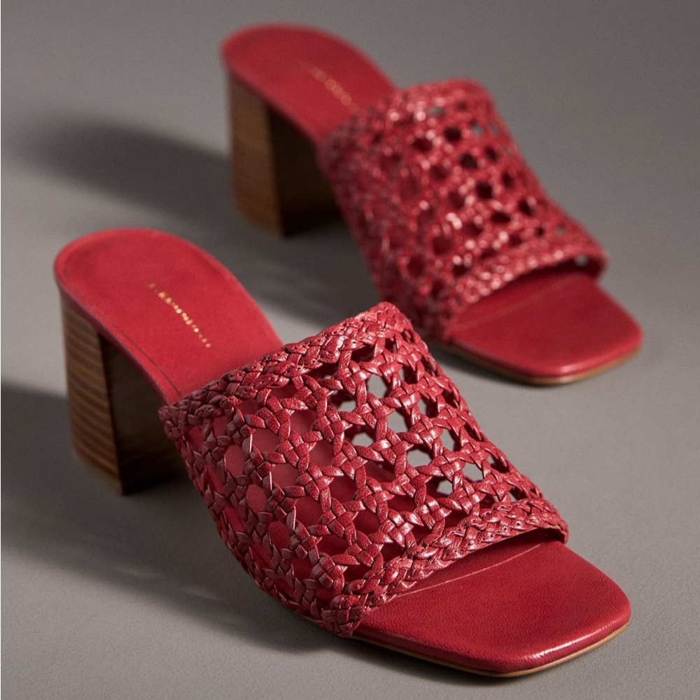 Anthropologie Red Woven Block Heel Mule Sandals 38 7-7.5